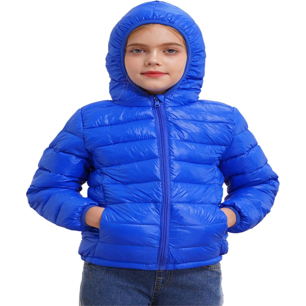ACSUSS Kids Teens Winter Coat Puffer Jackets Boys Girls Long Sleeve Zip Up Hoodie Ultra Lightweight Down Coat Royal Blue 5-6 Years