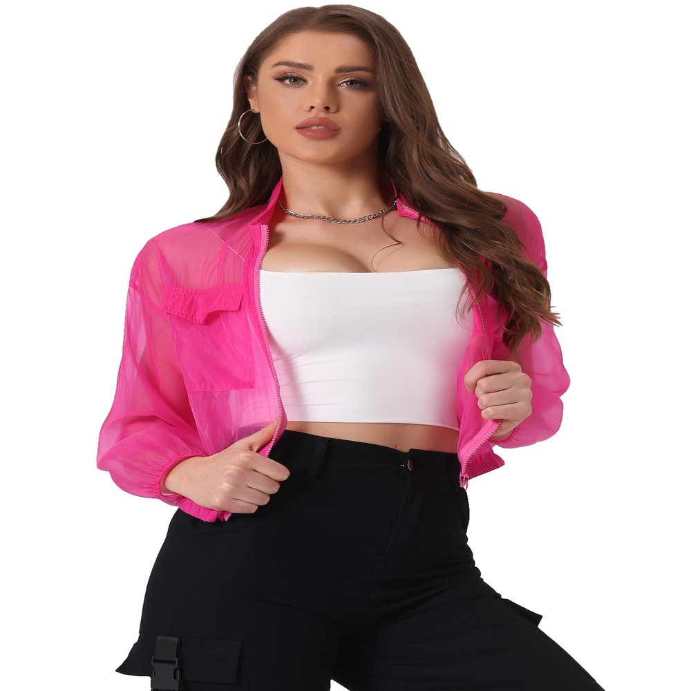 Allegra K Sheer Bomber Jacket for Women's Zip Up Long Sleeve See Through Jackets X-Large Hot Pink