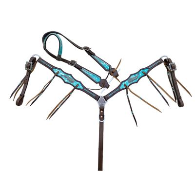MOUSM Premium Argentina Cow Leather Western Tack, Headstall and Breast Collar Set Decorated with Turquoise and Silver Splash, Equestrian Gift