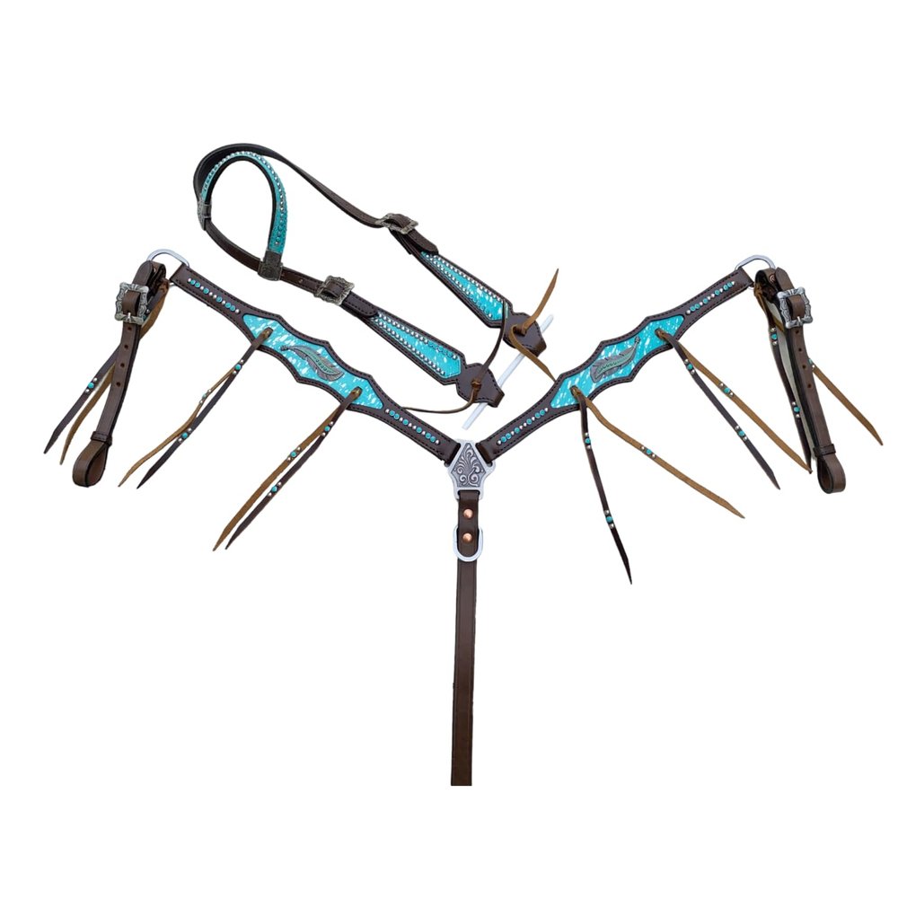 MOUSM Premium Argentina Cow Leather Western Tack, Headstall and Breast Collar Set Decorated with Turquoise and Silver Splash, Equestrian Gift