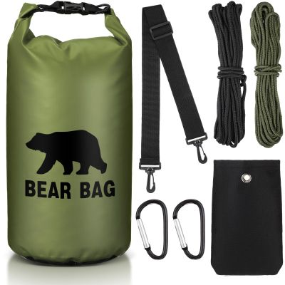 Foilswirl 1 Set Bear Food Bag for Camping Ultralight Food Hanging System Includes Waterproof Bear Bag, Nylon Ropes, Hooks for Camping Backpacking(10 L,Army Green)