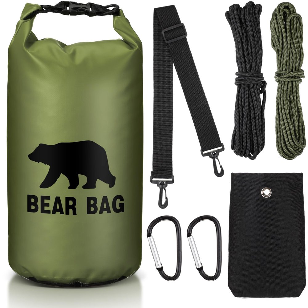 Foilswirl 1 Set Bear Food Bag for Camping Ultralight Food Hanging System Includes Waterproof Bear Bag, Nylon Ropes, Hooks for Camping Backpacking(10 L,Army Green)