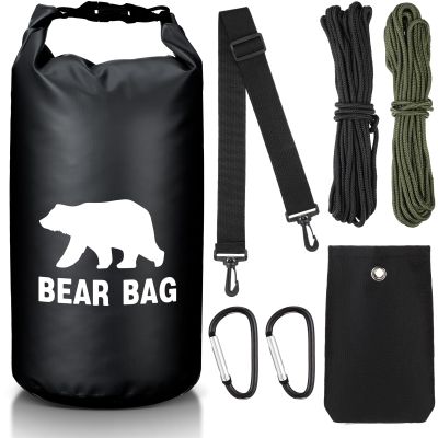 Foilswirl 1 Set Bear Food Bag for Camping Ultralight Food Hanging System Includes Waterproof Bear Bag, Nylon Ropes, Hooks for Camping Backpacking(20 L,Black)