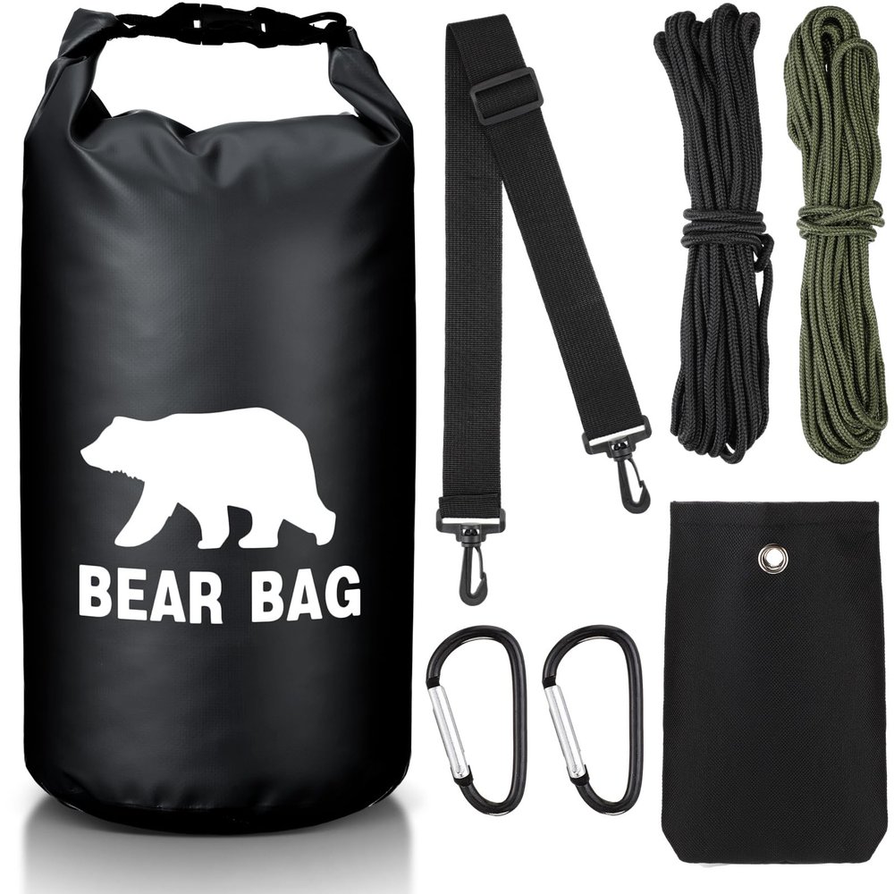 Foilswirl 1 Set Bear Food Bag for Camping Ultralight Food Hanging System Includes Waterproof Bear Bag, Nylon Ropes, Hooks for Camping Backpacking(20 L,Black)