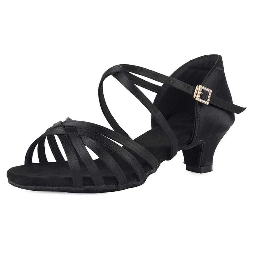 YCALCP Girls Latin Dance Shoes Silk Ballroom Salsa Tango Professional Performance Practice Dancing Shoes, XGGZS, 1.5 Inch Heel, Black, 6 M