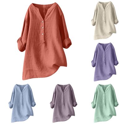 Linen Shirts for Women Plus Size V Neck Button up Blouses Long Sleeve Loose Fit Shirts Solid Color Summer Tops