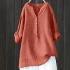 Linen Shirts for Women Plus Size V Neck Button up Blouses Long Sleeve Loose Fit Shirts Solid Color Summer Tops view 2