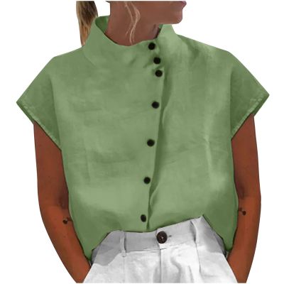 Womens Tshirts Cotton Linen High Neck Cap Sleeve Shirt Summer Fashion Casual Cotton Linen Blouses Trendy Tops Spring Shirts for Women Green S