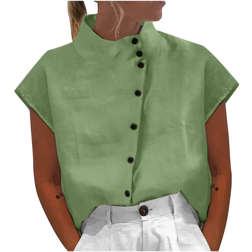 Womens Tshirts Cotton Linen High Neck Cap Sleeve Shirt Summer Fashion Casual Cotton Linen Blouses Trendy Tops Spring Shirts for Women Green S