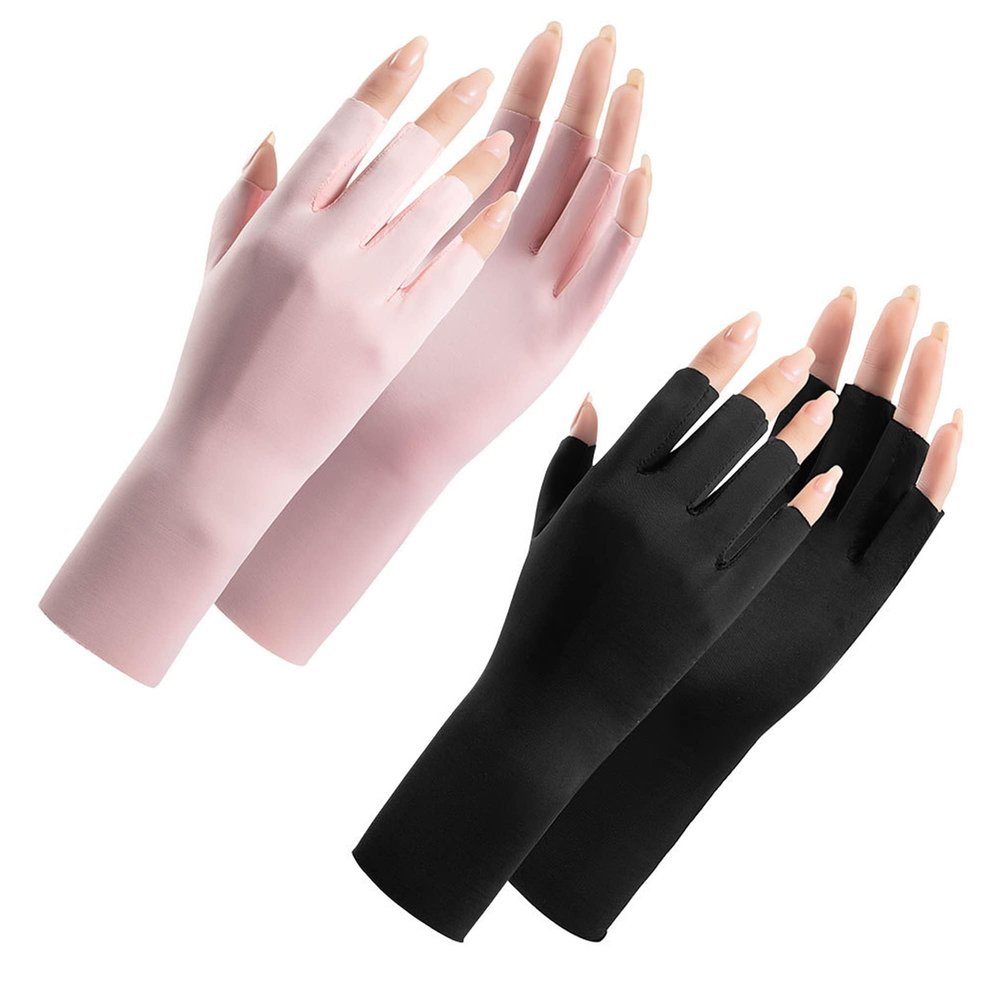 Bawnhaw 2 Pair Women Cool-Ice-Silk Fingerless Driving-Gloves UV-Protection Loose Nonslip Outdoor Sunblock-Gloves Pink & Black for Nails