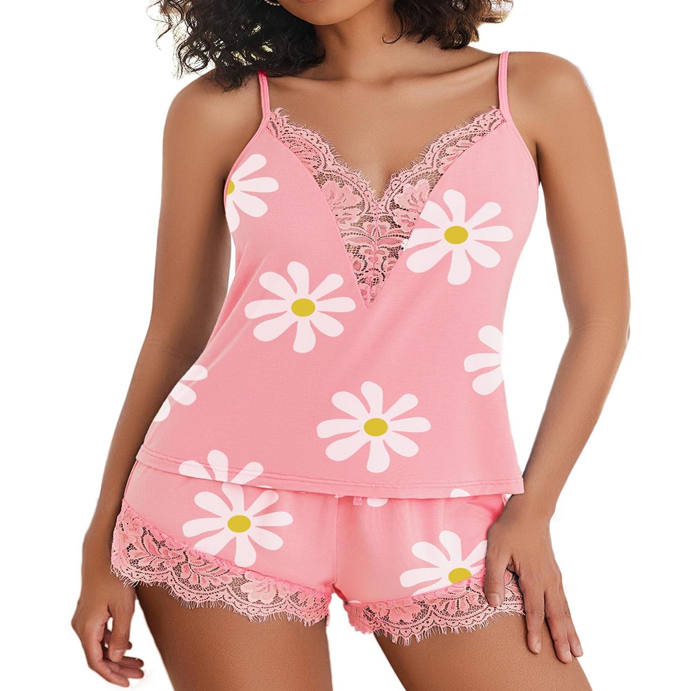 Avidlove Pj Sets for Woman Sexy Pajama Set Cami Lace Sleepwear Soft Plus Size (Floral Pink,XL)