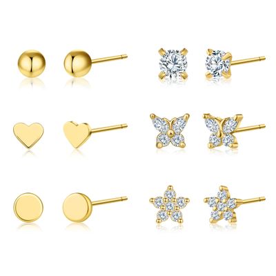 6 Pairs Small Gold Stud Earrings Set for Women Cubic Zirconia 18K Gold Filled Earring Sets Mini Heart Butterfly Star Ball Studs Earrings Hypoallergenic Earrings for Multiple Piercing