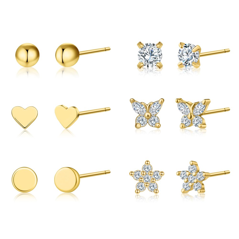 6 Pairs Small Gold Stud Earrings Set for Women Cubic Zirconia 18K Gold Filled Earring Sets Mini Heart Butterfly Star Ball Studs Earrings Hypoallergenic Earrings for Multiple Piercing