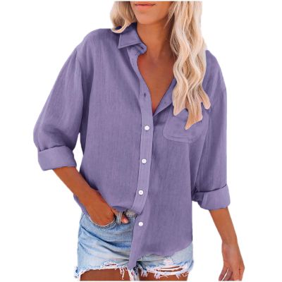 Summer Button Down Shirts for Women Linen V Neck Long Sleeve Tops Business Work Basic Blouses with Pocketsplus Size Tshirts for Women Purple S