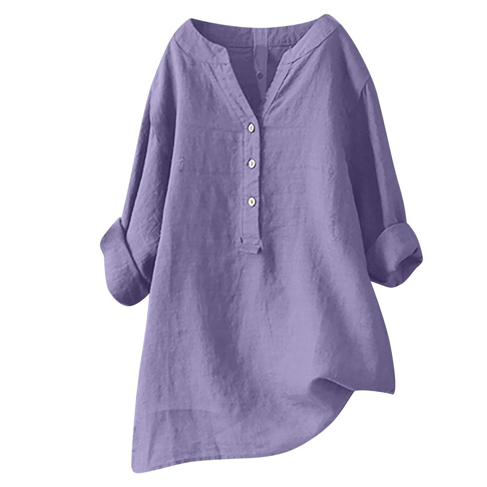 Linen Shirts for Women Plus Size V Neck Button up Blouses Long Sleeve Loose Fit Shirts Solid Color Summer Tops