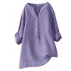 Linen Shirts for Women Plus Size V Neck Button up Blouses Long Sleeve Loose Fit Shirts Solid Color Summer Tops view 1