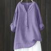 Linen Shirts for Women Plus Size V Neck Button up Blouses Long Sleeve Loose Fit Shirts Solid Color Summer Tops view 2
