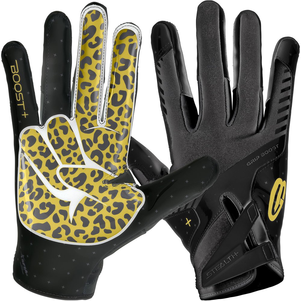 Grip Boost Football Gloves - Peace Stealth 6.0 Boost Plus Sticky Technology - Adult and Youth Football Gloves for Wide Receiver - Men's and Boys Sizes (Black/Gold, Small)