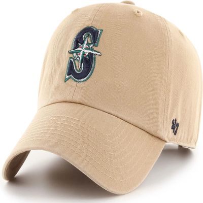 47 Brand MLB Khaki Primary Logo Clean Up Adjustable Strap Baseball Dad Hat Cap, Adult One Size Fits All - Seattle Mariners - Khaki