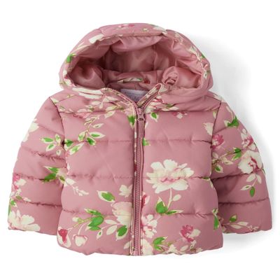 The Children's Place,Baby Girls,And Toddler Medium Weight Puffer Jacket, Wind-Resistant, Water-Resistant,Mauve Floral,18 Months,24 Months