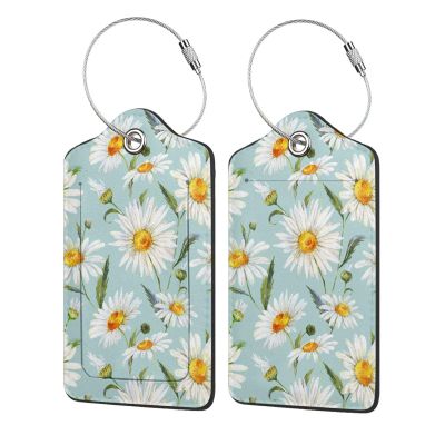 2 Pack Luggage Tag for Suitcases, White Daisy Watercolor Floral Leather Baggage Tags Privacy Cover ID Label for Women Men Travel