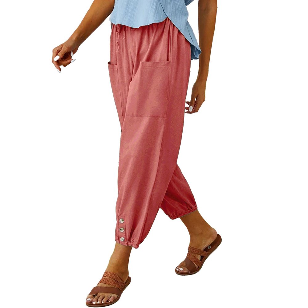 Cotton Casual Capri for Women Elastic High Waisted Loose Lantern Tapered Harem Pants with Pockets