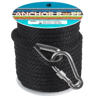 3/8 Inch 150 FT Anchor Rope, Solid Braid MFP Boat Line With 316 Stainless Steel Thimble and Snap Hook - Black