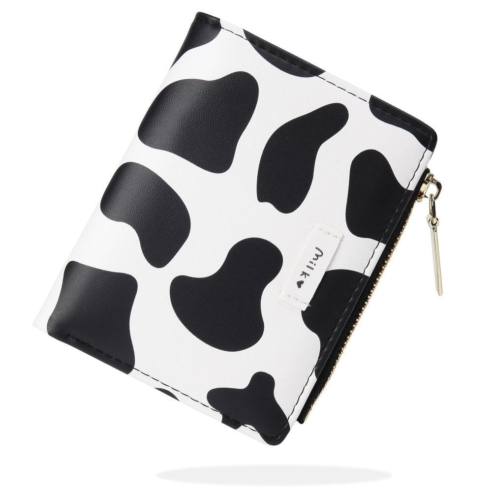 CONISY Cute Wallets for Women, Leather Bifold Small Wallet with Zipper Coin Purse, RFID Blocking Wallet for Girls and Ladies (Cow Black)