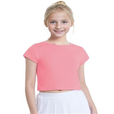 Auranso Girls Crop Tops Summer Short Sleeve Round Neck T Shirts Basic Tee for Kids Pink 13-14 Years