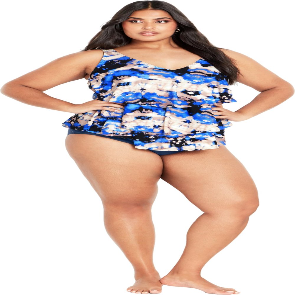 Evans Women's Plus Size V Neck Tiered Print Tankini Top, 26