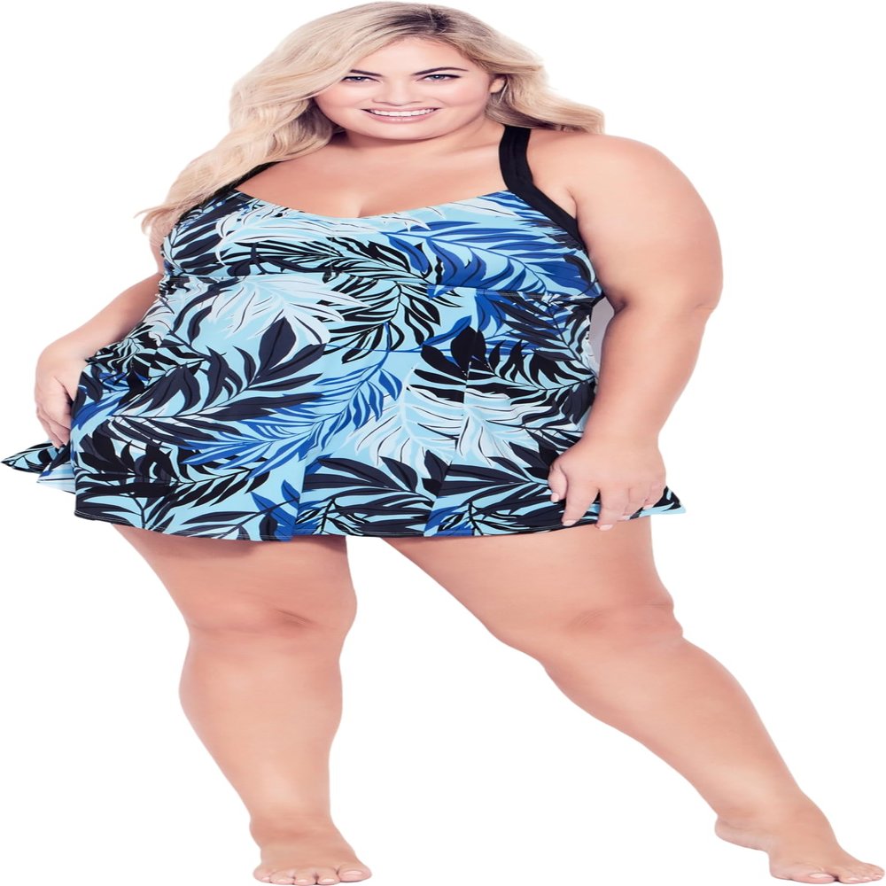 Avenue Women's Plus Size Swim - Dress Halter Back Print, 30 Blue Lagoon