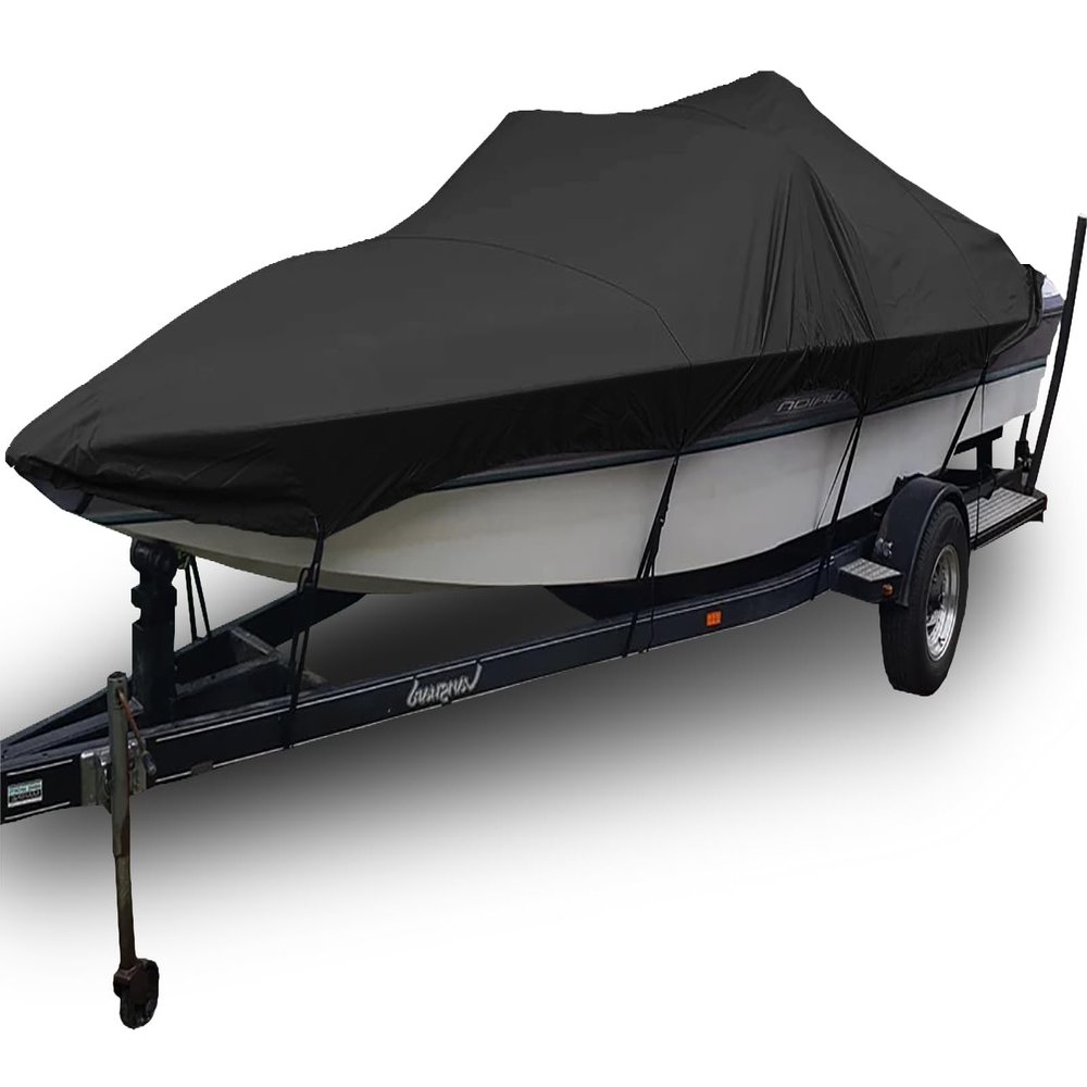 10-24FT Trailerable Boat Covers for V-Hull, TRI-Hull, Runabout Boat, Pro-Style Bass Boats 420D Waterproof Boat Cover, Black,12~14FT68in
