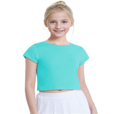 Auranso Girls Crop Tops Summer Short Sleeve Round Neck T Shirts Basic Tee for Kids Turquoise 7-8 Years
