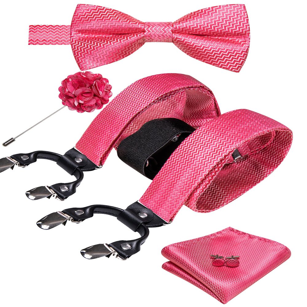 Barry.Wang Suspenders and Bow Tie Set for Men Solid Paisley Bowtie Y Shape Brace Handkerchief Cufflinks 6 Strong Clips