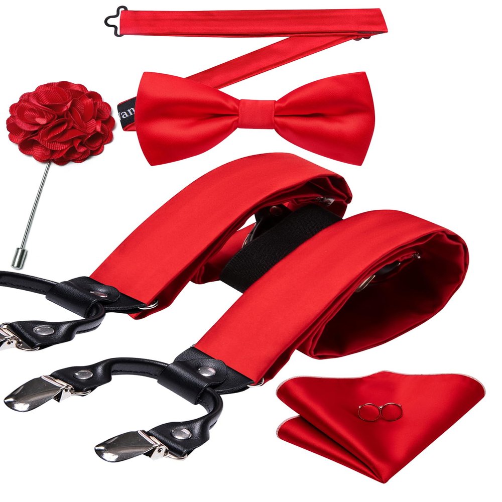 Barry.Wang Suspenders and Bow Tie Set for Men Solid Paisley Bowtie Y Shape Brace Handkerchief Cufflinks 6 Strong Clips