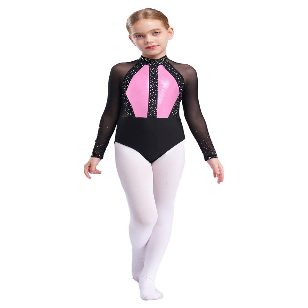 JEATHA Girls' Metallic Gymnastic Leotard Patchwork Sheer Mesh Long Sleeve Figure Skating Bodysuit Dance Party Tops Pink 14 Years