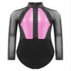 JEATHA Girls' Metallic Gymnastic Leotard Patchwork Sheer Mesh Long Sleeve Figure Skating Bodysuit Dance Party Tops Pink 14 Years view 3