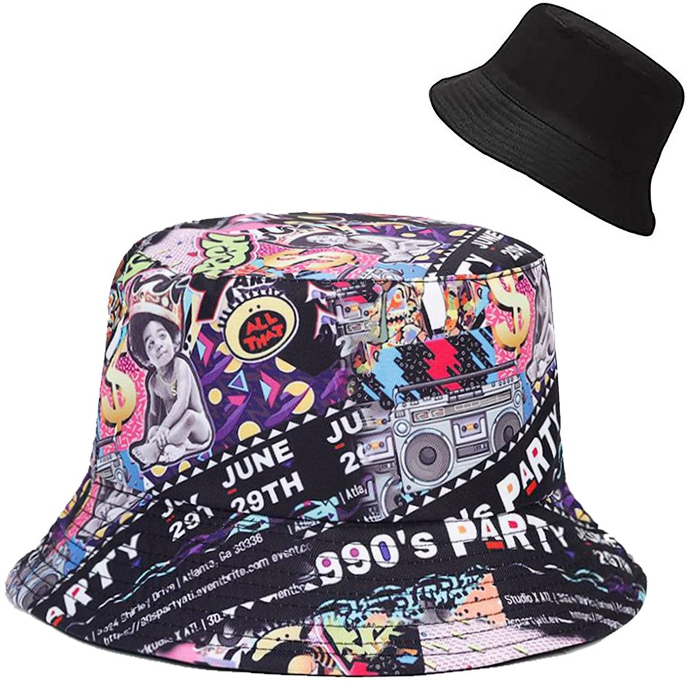 80s 90s Party Bucket Hat Beach Sun Hat Fishing Hat for Women Men, Outdoor Travel Reversible Double Side Wear Fisherman Hat