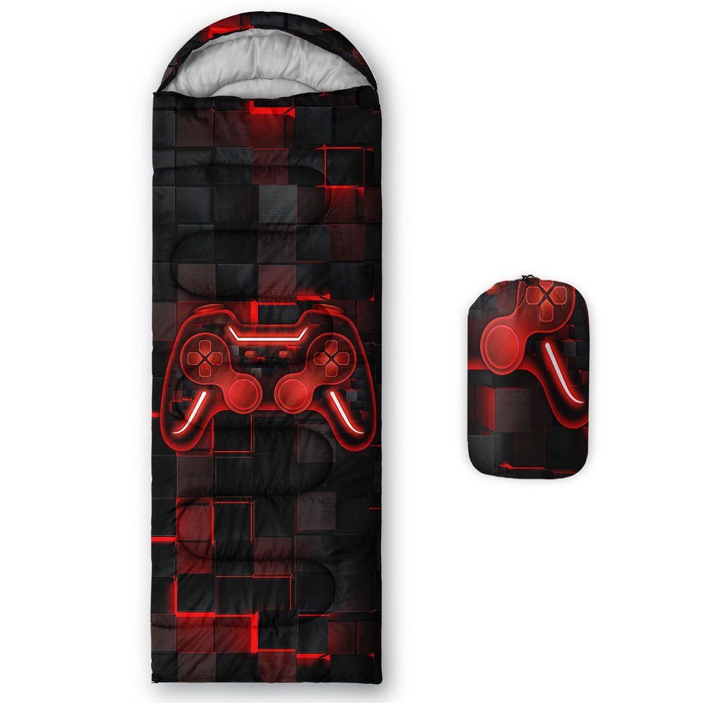 Axolotl Gamepad Sleeping Bag,3 Season Warm and Cool Weather Game Console Sleeping Bag for Boys Teens Men,Waterproof Geometry Hexagonal Honeycomb Sleeping Bag for Traveling,Outdoors Camping,Red,Black