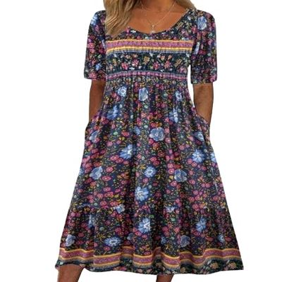 Akivide Women's Navy Blue Floral Maxi Dress, Short Sleeve Crew Neck Loose Fit Dress with Pockets, Botanical Casual Festival Dress