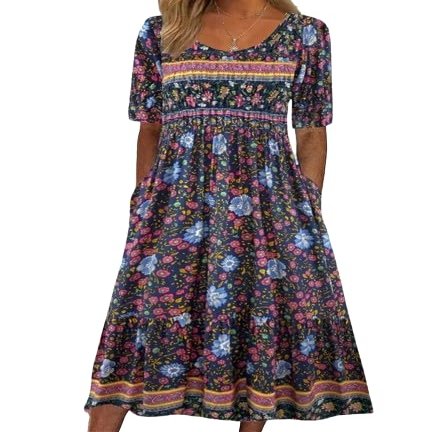 Akivide Women's Navy Blue Floral Maxi Dress, Short Sleeve Crew Neck Loose Fit Dress with Pockets, Botanical Casual Festival Dress