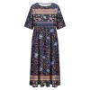 Akivide Women's Navy Blue Floral Maxi Dress, Short Sleeve Crew Neck Loose Fit Dress with Pockets, Botanical Casual Festival Dress view 3