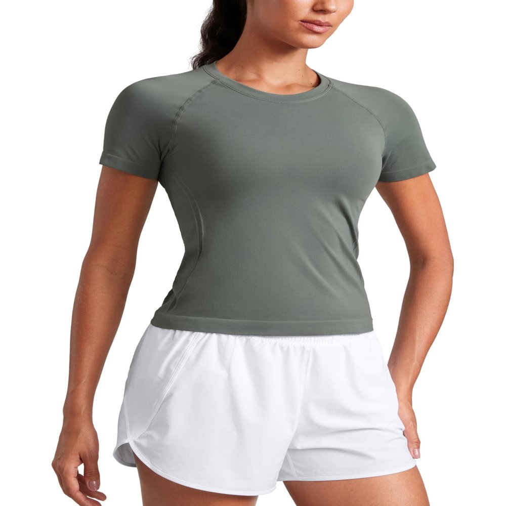 CRZ YOGA Seamless T-Shirt Waist Length Grey Sage Medium