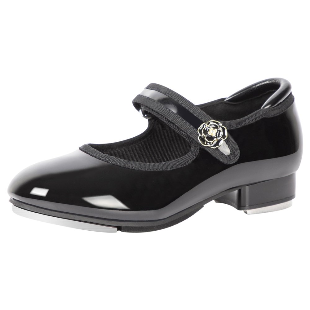Linodes Easy Strap Tap Shoe Dance Flats for Girls and Boys (Toddler/Little Kid/Big Kid)-Black Patent-Flower-13M-Little Kid