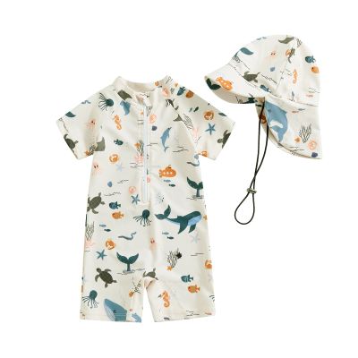 Hnyenmcko Infant Baby Boy Girls Rash Guard Swimsuit Short Sleeve Zipper Bathing Suit Toddler One Piece Swimwear Sunsuit (Fi-Beige AS, 2-3 Years)