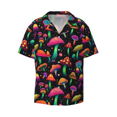 ReLuB Funky Hawaiian Shirt for Men, Psychedelic Colorful Mushrooms Graphics Button Down Beach Shirts Design Pattern Vacation Shirts (XL), X-Large