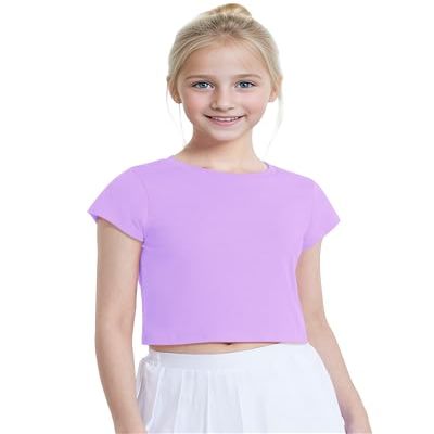 Auranso Girls Crop Tops Summer Short Sleeve Round Neck T Shirts Basic Tee for Kids Purple 11-12 Years