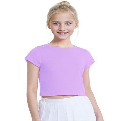 Auranso Girls Crop Tops Summer Short Sleeve Round Neck T Shirts Basic Tee for Kids Purple 11-12 Years