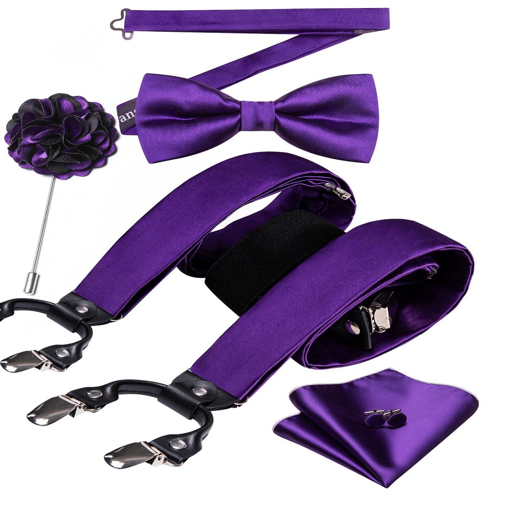 Barry.Wang Suspenders and Bow Tie Set for Men Solid Paisley Bowtie Y Shape Brace Handkerchief Cufflinks 6 Strong Clips