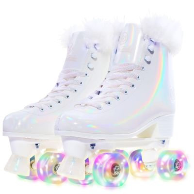 JajaHoho Roller Skates for Women, Holographic High Top Classic Rollerskates Pearl Pearlized Shiny Double-Row Glitter Wheels Quad Skates for Girls, Indoor & Outdoor (White Swan, Size 7)